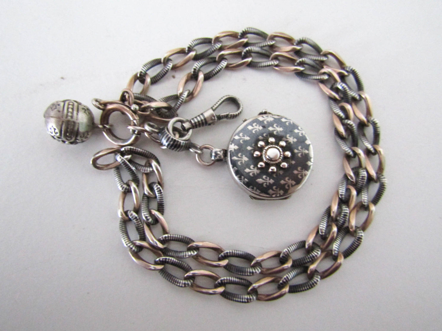 Victorian Niello and Rose Gold Vermeil Silver necklace and locket