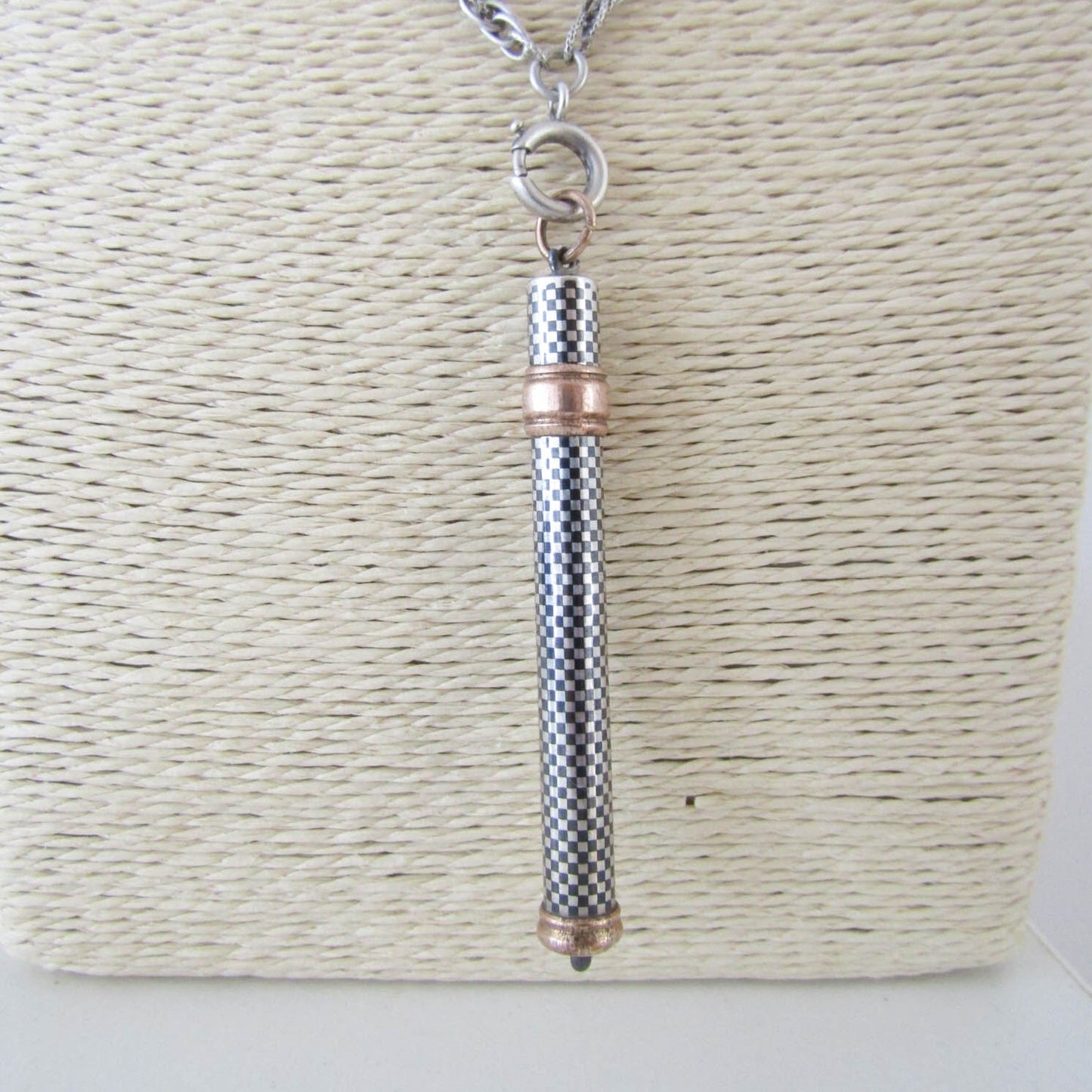 Silver, Niello, and Rose Gold Retractable Pencil Case, Antique Victorian Chatelaine charm, French Pendant