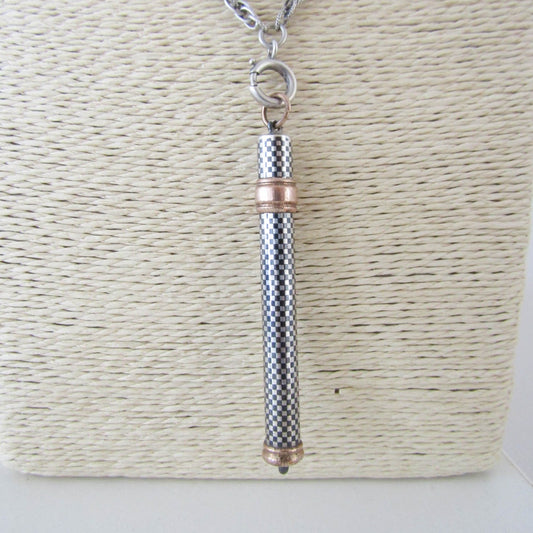 Silver, Niello, and Rose Gold Retractable Pencil Case, Antique Victorian Chatelaine charm, French Pendant