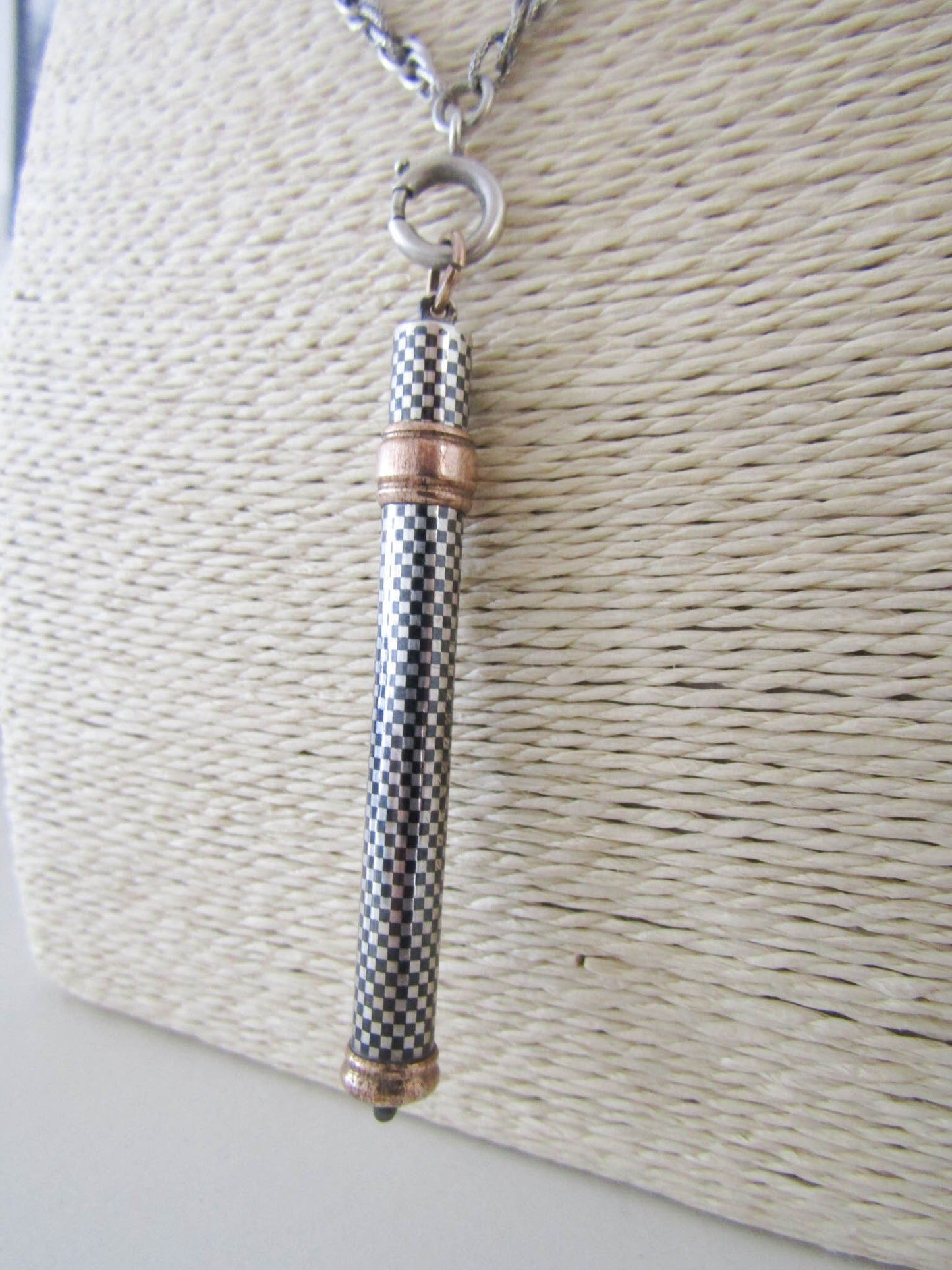 Silver, Niello, and Rose Gold Retractable Pencil Case, Antique Victorian Chatelaine charm, French Pendant