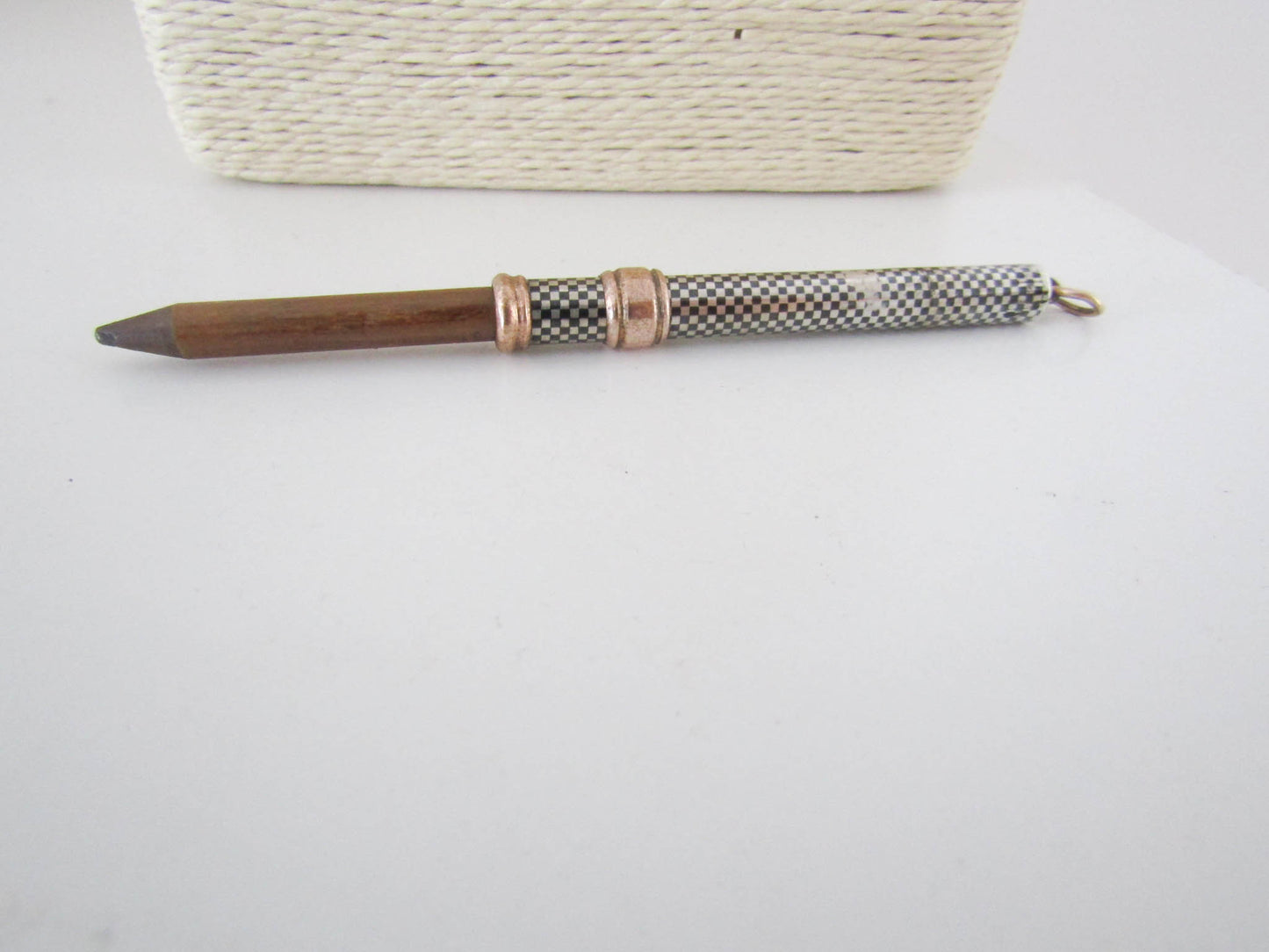 Silver, Niello, and Rose Gold Retractable Pencil Case, Antique Victorian Chatelaine charm, French Pendant