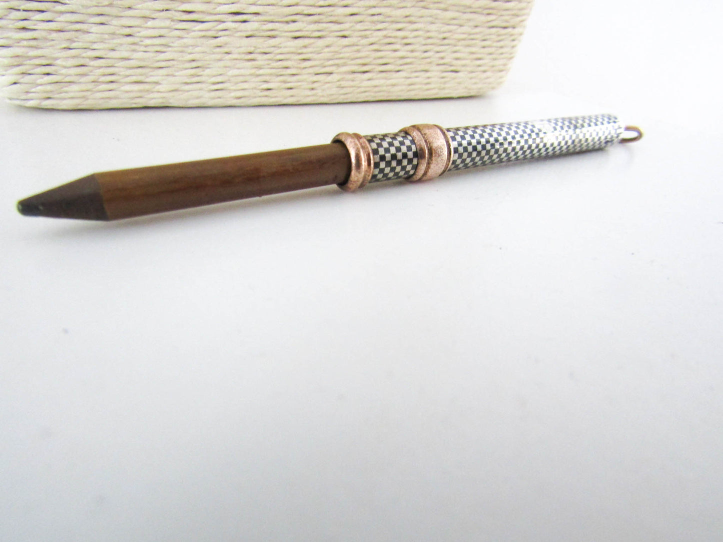 Silver, Niello, and Rose Gold Retractable Pencil Case, Antique Victorian Chatelaine charm, French Pendant