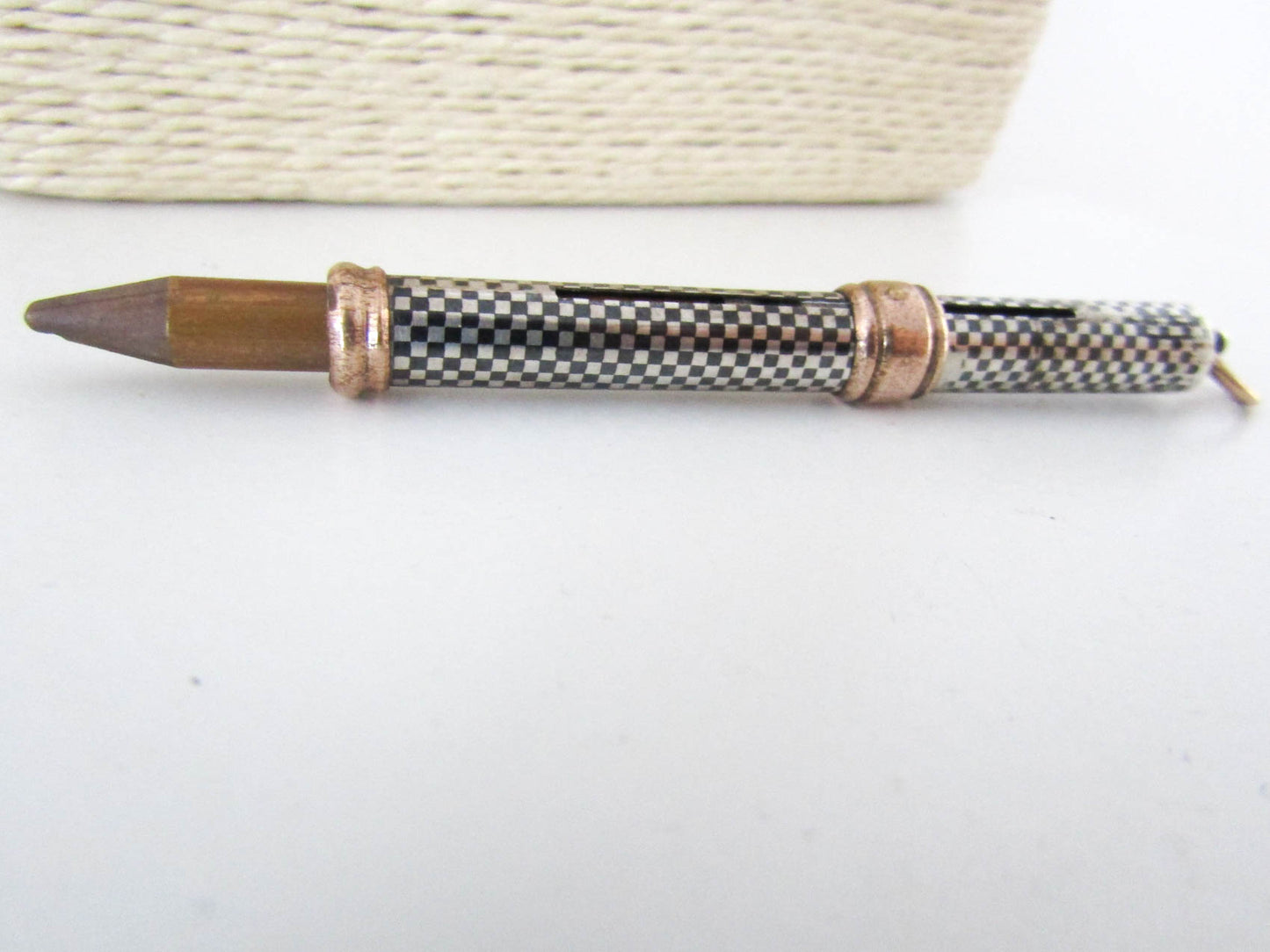 Silver, Niello, and Rose Gold Retractable Pencil Case, Antique Victorian Chatelaine charm, French Pendant