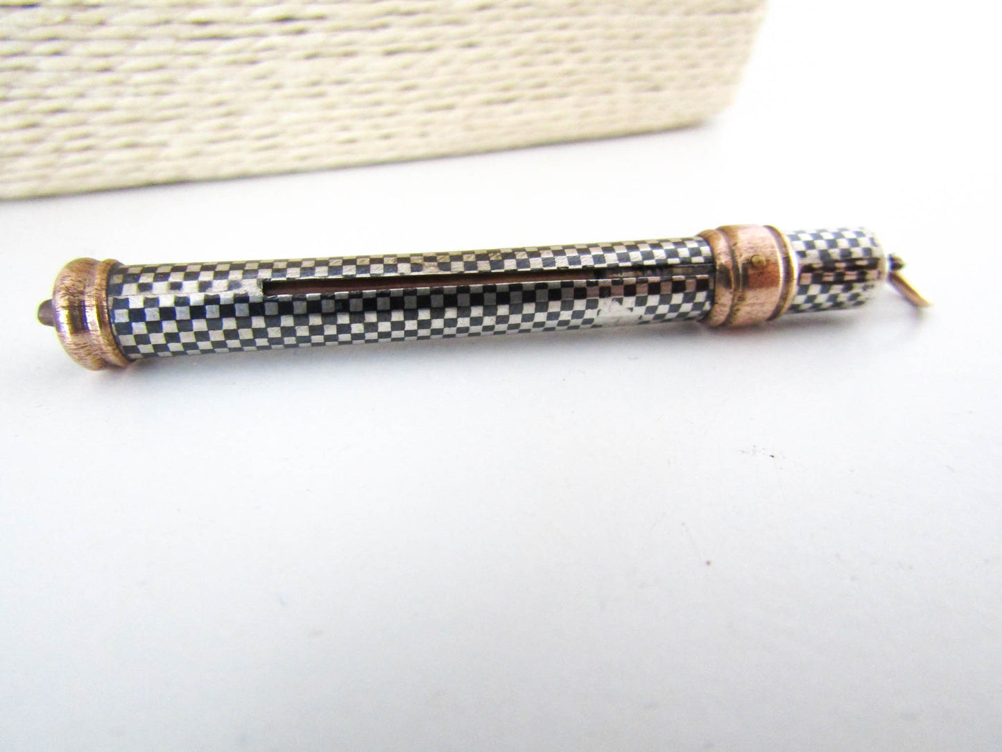 Silver, Niello, and Rose Gold Retractable Pencil Case, Antique Victorian Chatelaine charm, French Pendant