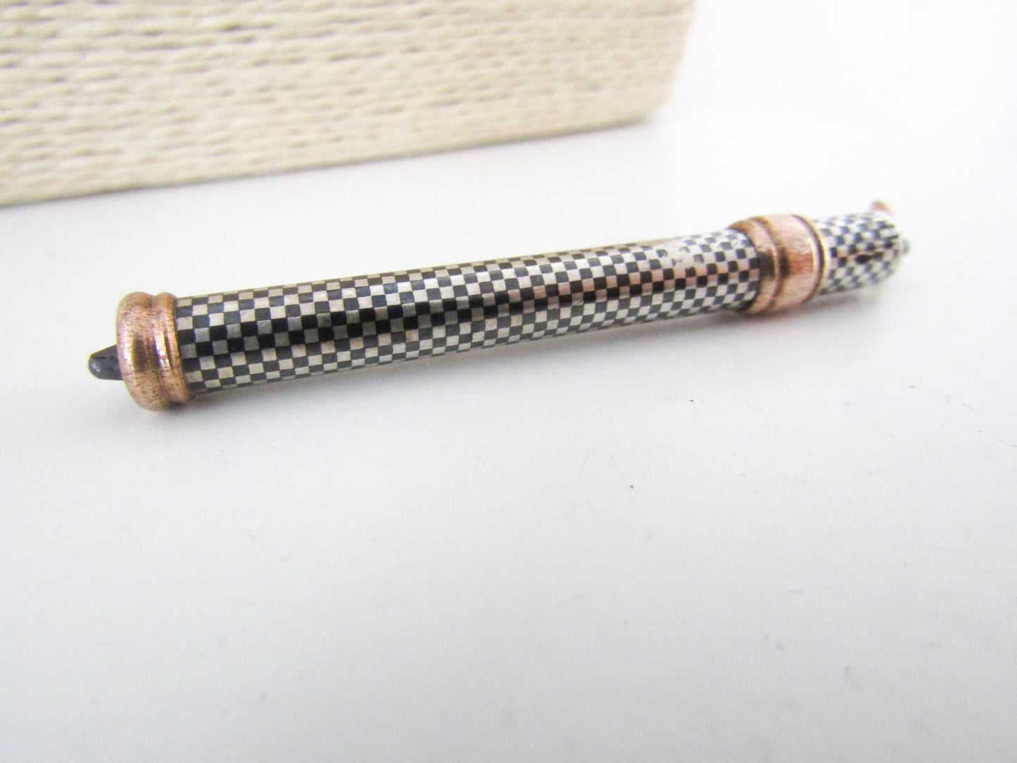 Silver, Niello, and Rose Gold Retractable Pencil Case, Antique Victorian Chatelaine charm, French Pendant