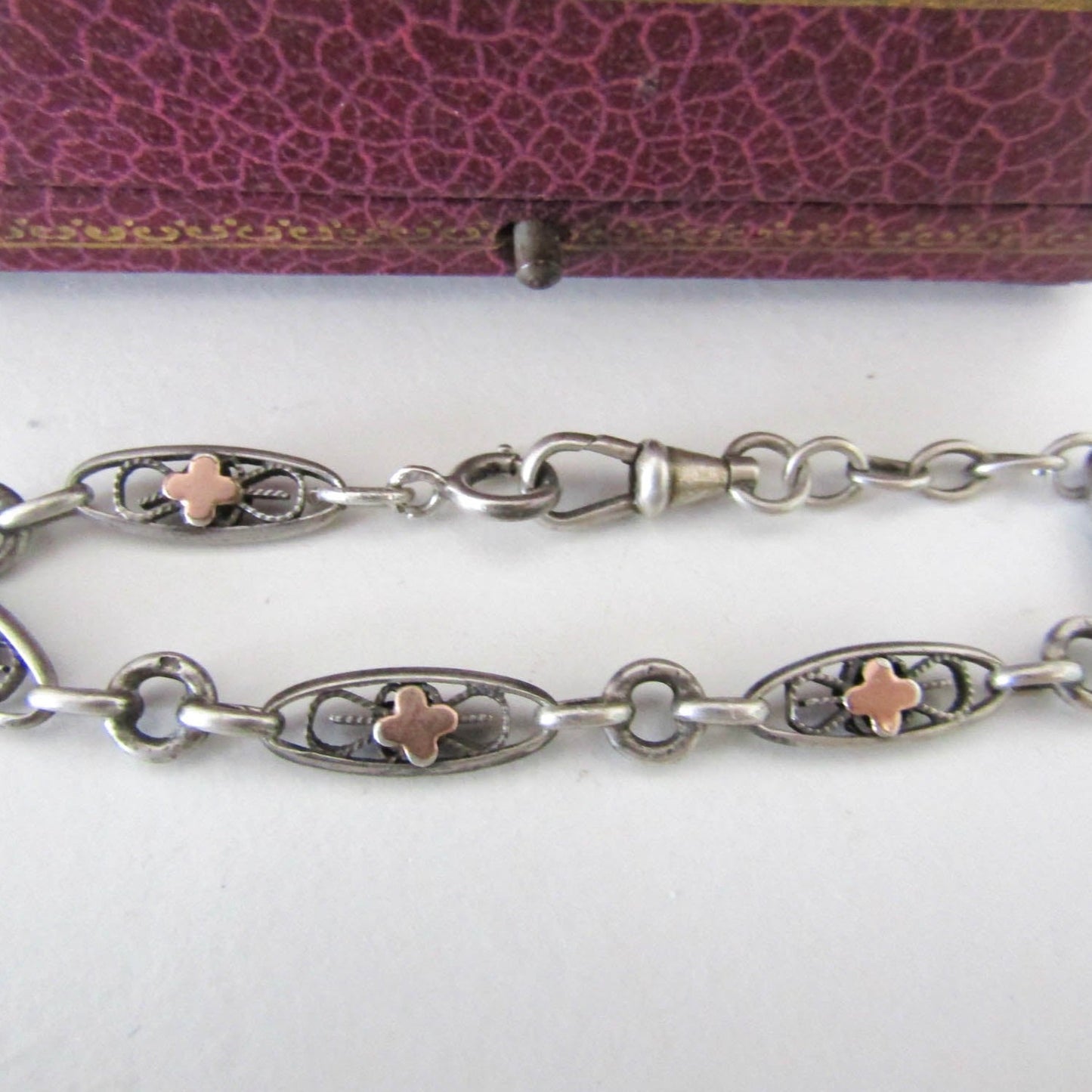 Silver Watch Chain Bracelet with Rose Gold Fill, French Antique Bracelet with Dog Clip Clasp and Spring Ring