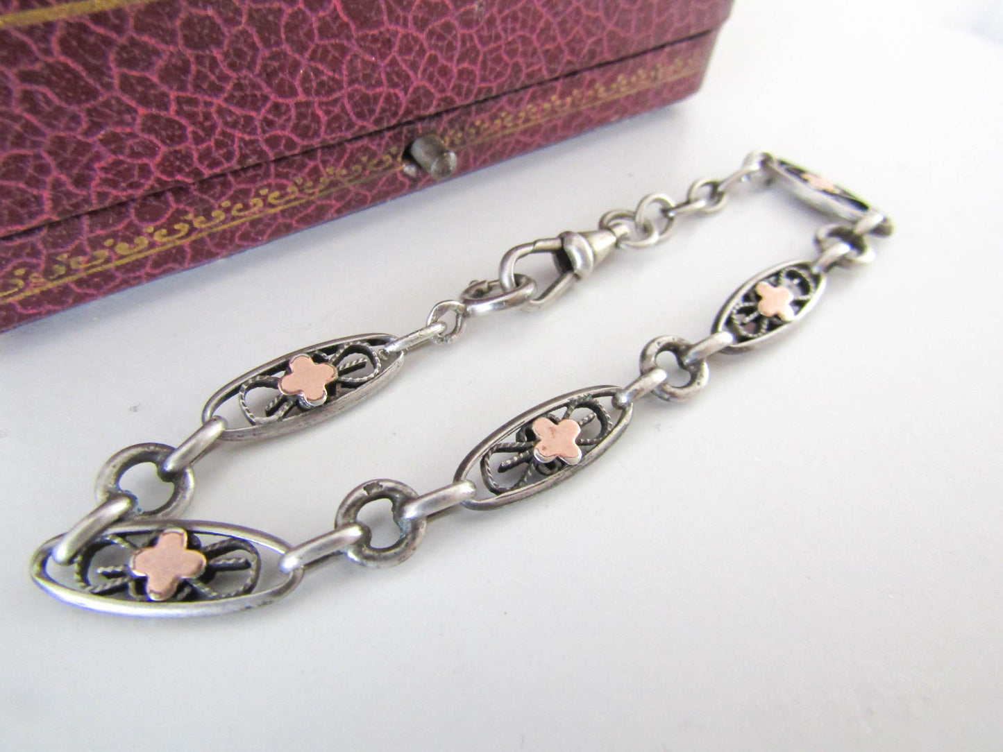 Silver Watch Chain Bracelet with Rose Gold Fill, French Antique Bracelet with Dog Clip Clasp and Spring Ring