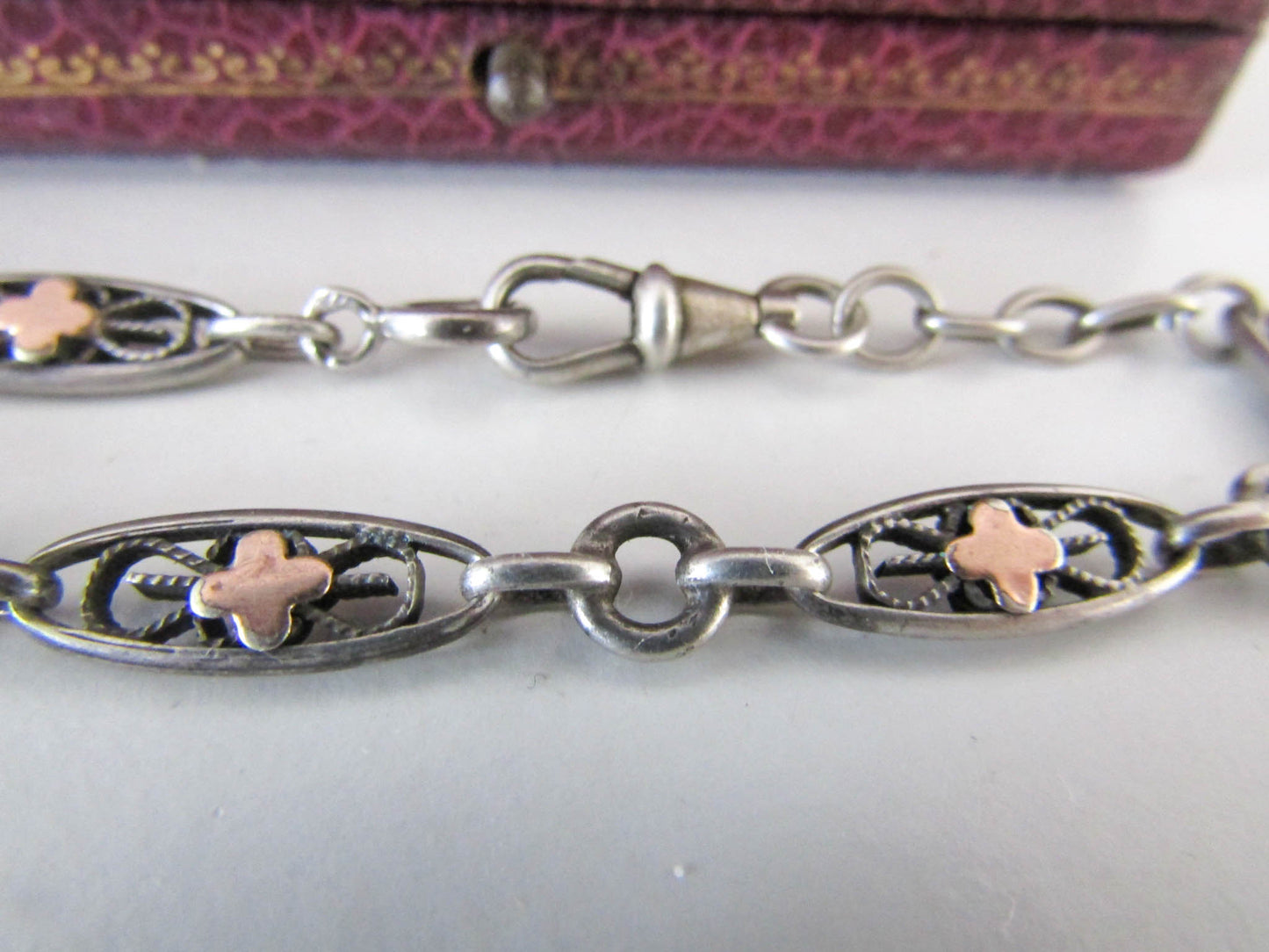 Silver Watch Chain Bracelet with Rose Gold Fill, French Antique Bracelet with Dog Clip Clasp and Spring Ring