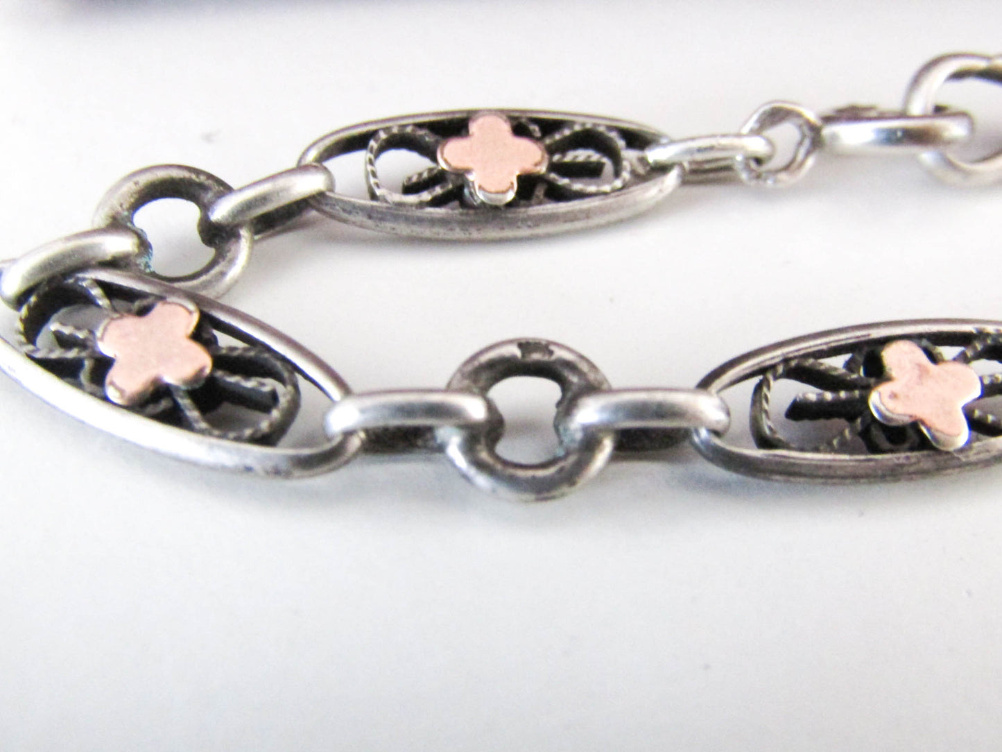 Silver Watch Chain Bracelet with Rose Gold Fill, French Antique Bracelet with Dog Clip Clasp and Spring Ring