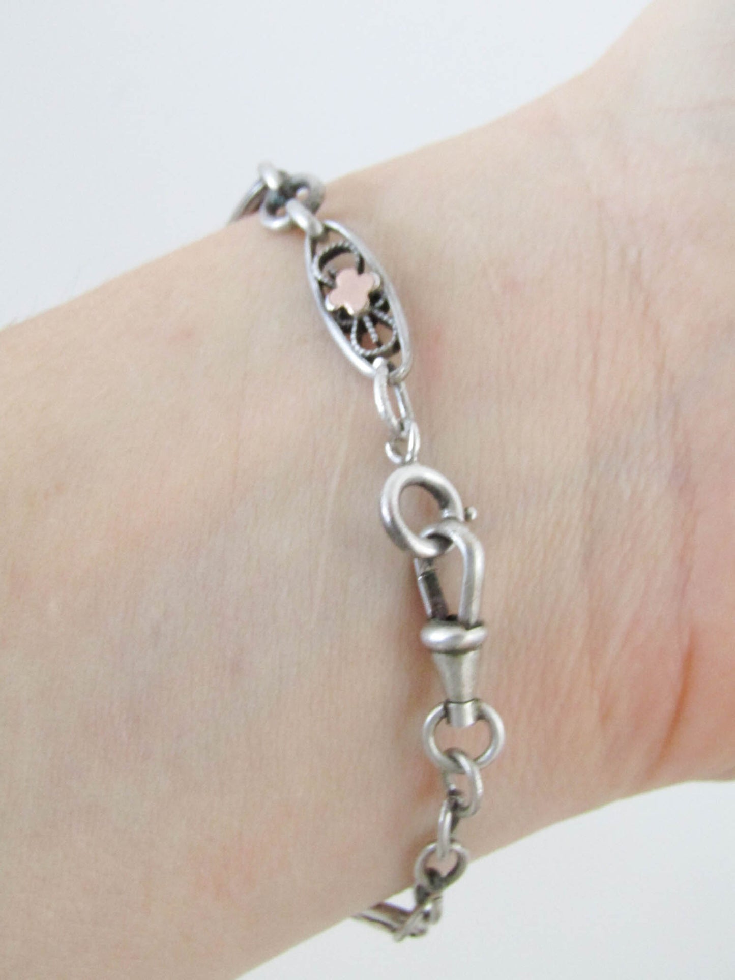 Silver Watch Chain Bracelet with Rose Gold Fill, French Antique Bracelet with Dog Clip Clasp and Spring Ring