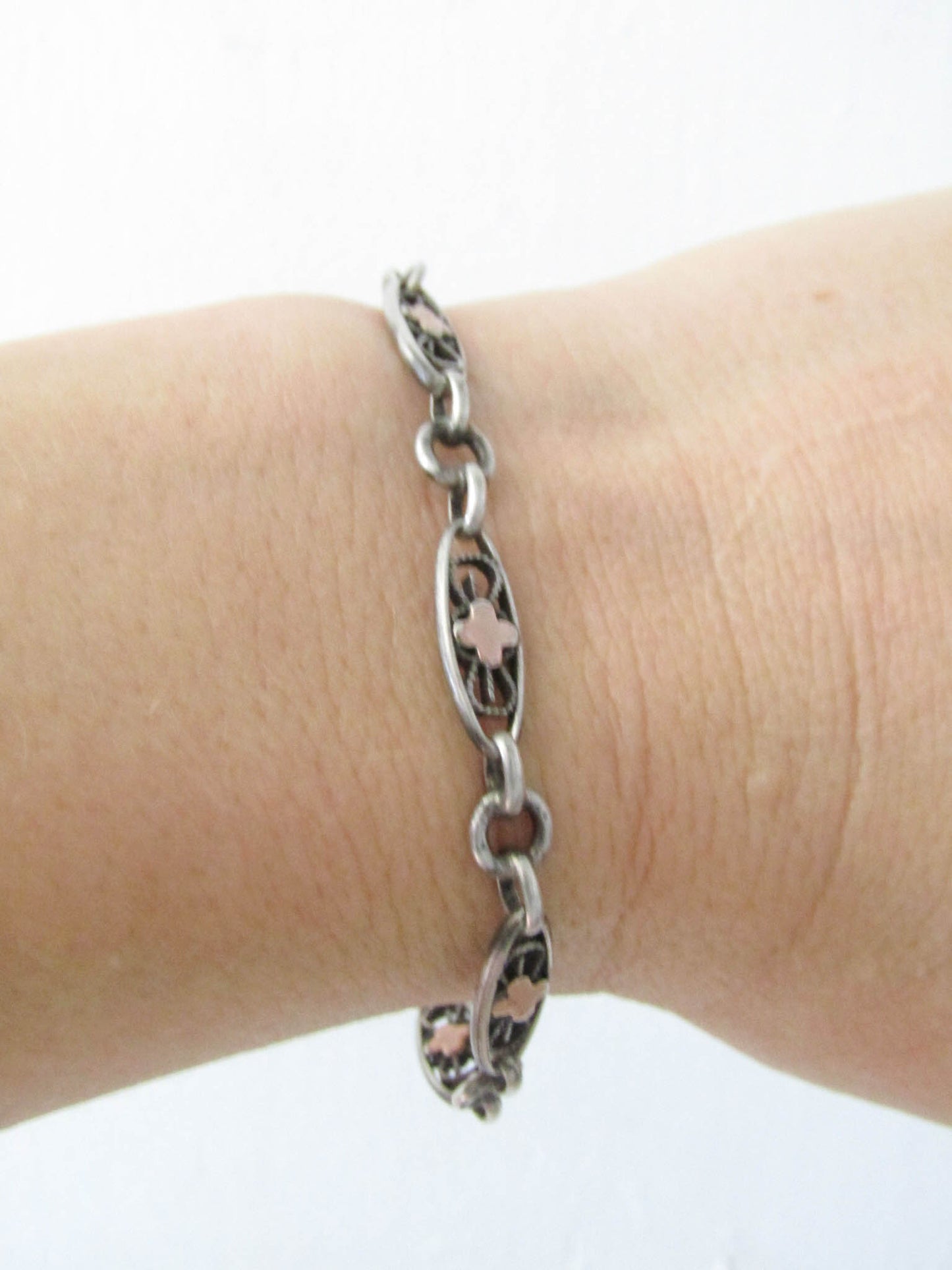 Silver Watch Chain Bracelet with Rose Gold Fill, French Antique Bracelet with Dog Clip Clasp and Spring Ring