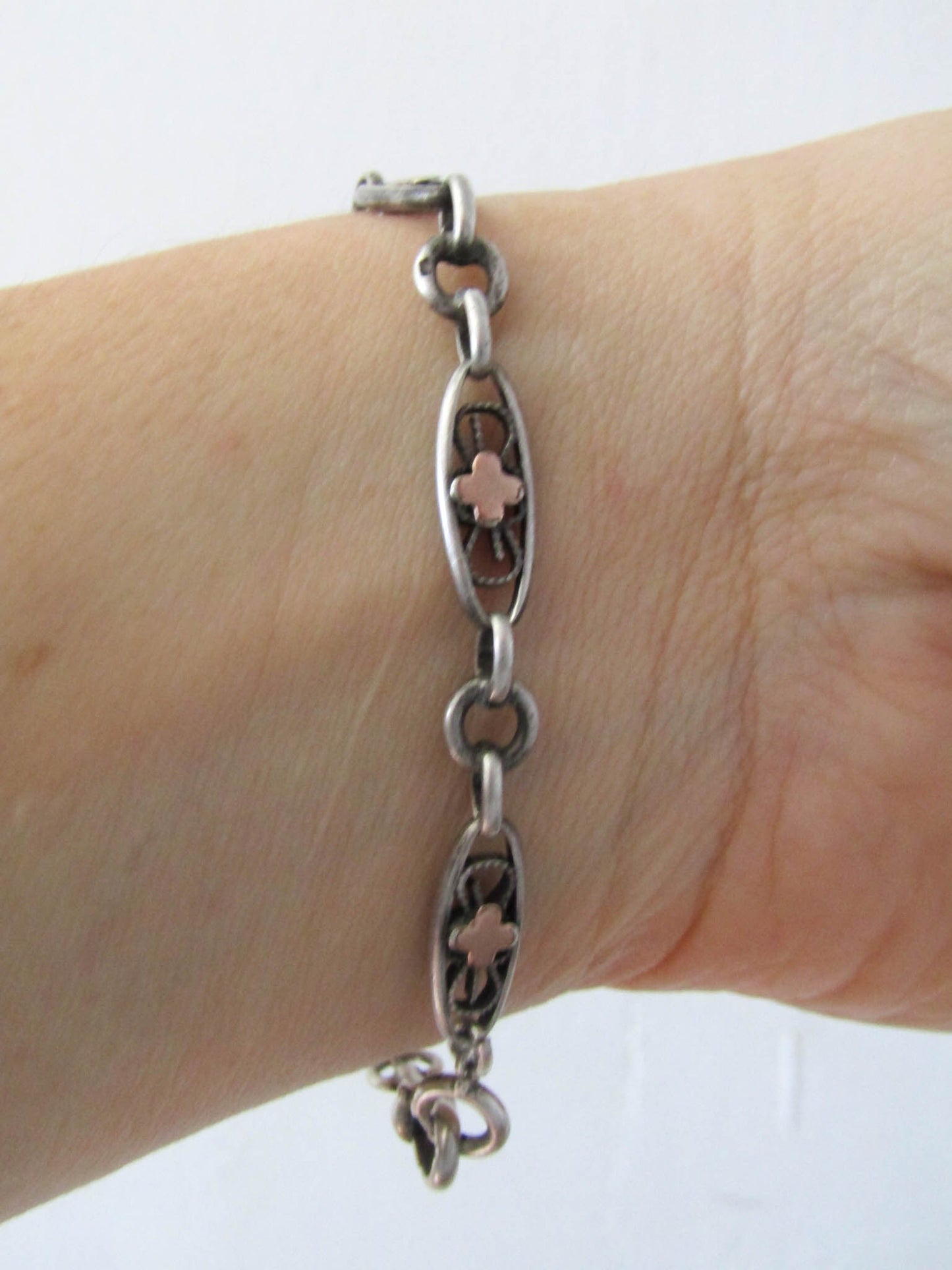 Silver Watch Chain Bracelet with Rose Gold Fill, French Antique Bracelet with Dog Clip Clasp and Spring Ring