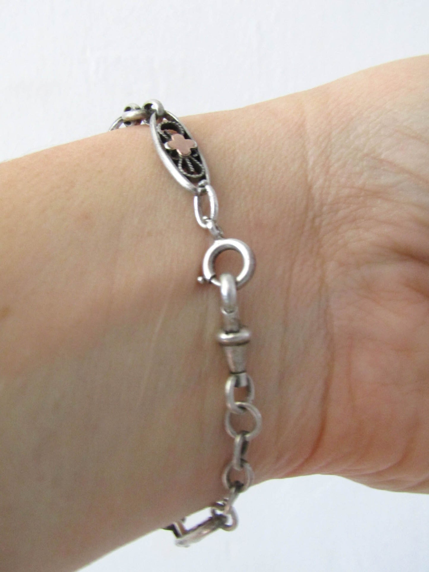 Silver Watch Chain Bracelet with Rose Gold Fill, French Antique Bracelet with Dog Clip Clasp and Spring Ring