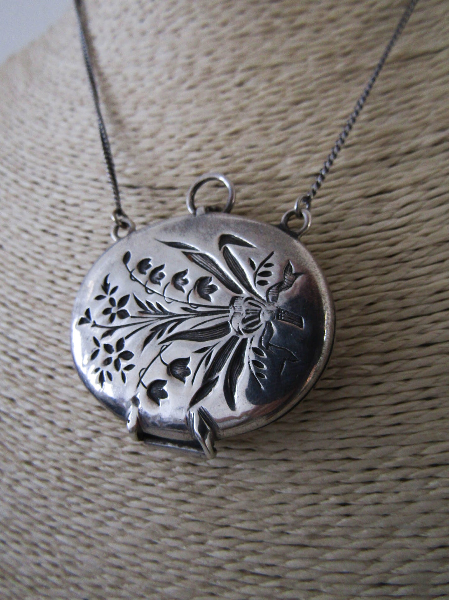 Art Nouveau Silver Necklace with Lilly of the Valley Locket Pendant c. 1900