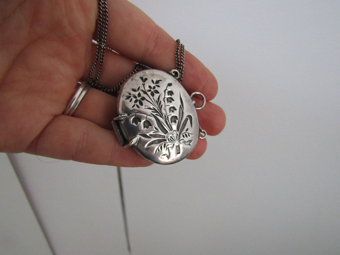 Art Nouveau Silver Necklace with Lilly of the Valley Locket Pendant c. 1900