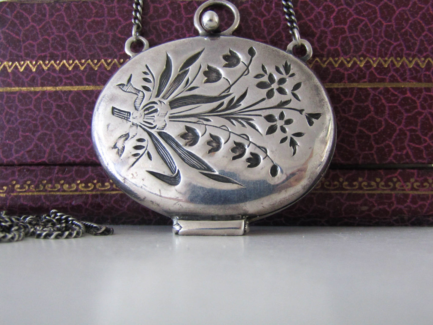 Art Nouveau Silver Necklace with Lilly of the Valley Locket Pendant c. 1900