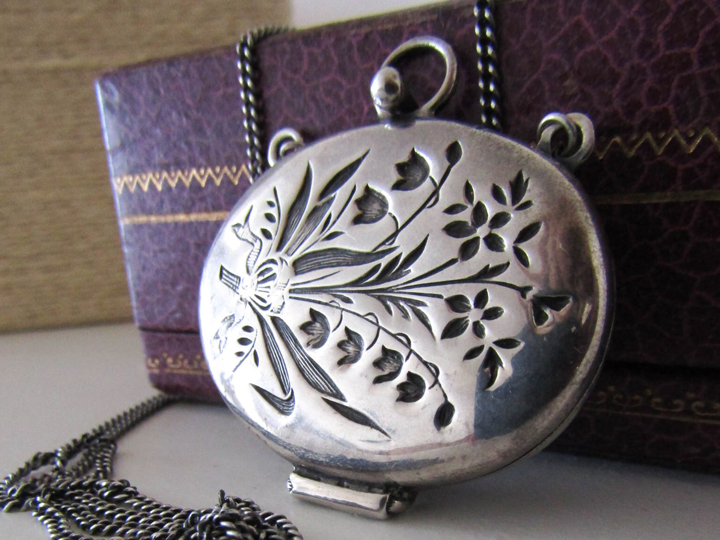 Art Nouveau Silver Necklace with Lilly of the Valley Locket Pendant c. 1900