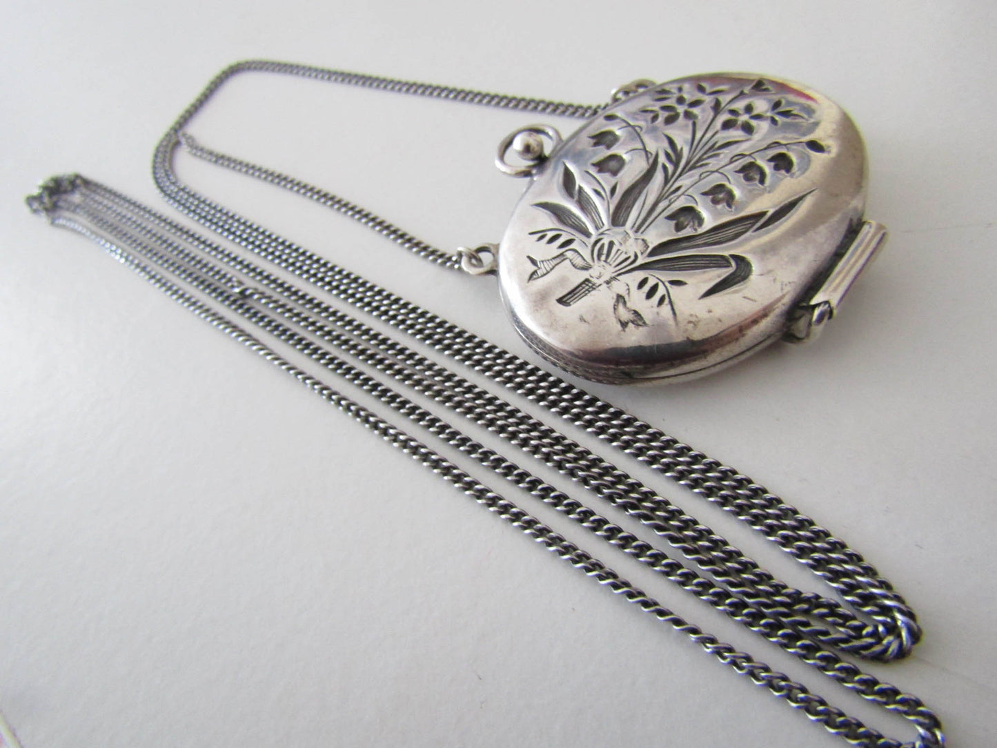 Art Nouveau Silver Necklace with Lilly of the Valley Locket Pendant c. 1900