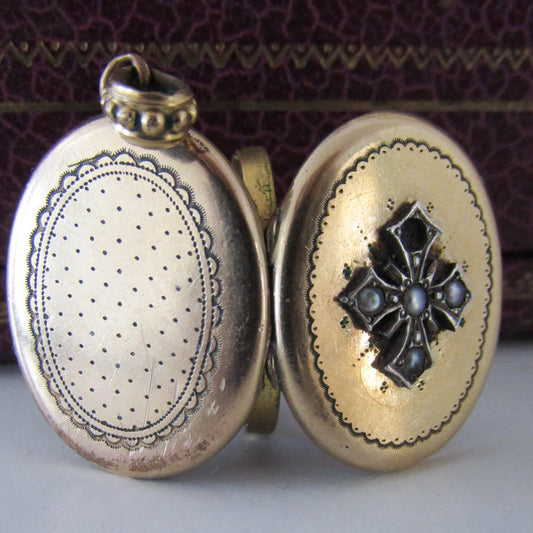 Victorian Gold Filled Locket with Interior Glass Partition, Antique French Mourning Locket Pendant