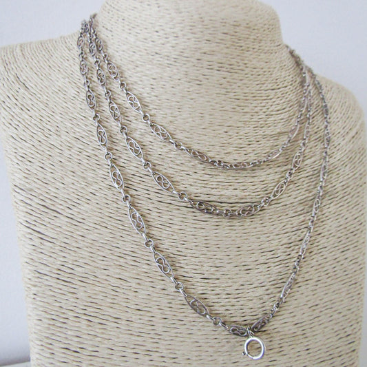 52" Antique Silver Long Guard Chain, French Chatelaine Chain with Hanging Bolt Ring