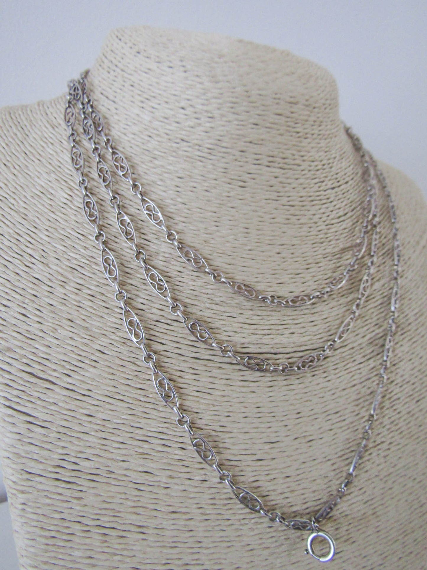 52" Antique Silver Long Guard Chain, French Chatelaine Chain with Hanging Bolt Ring