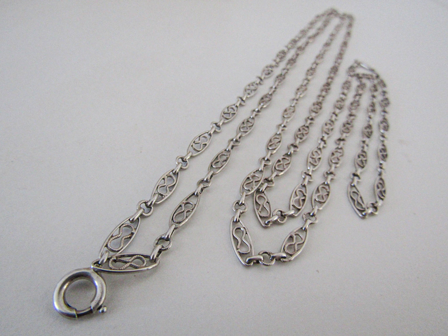 52" Antique Silver Long Guard Chain, French Chatelaine Chain with Hanging Bolt Ring