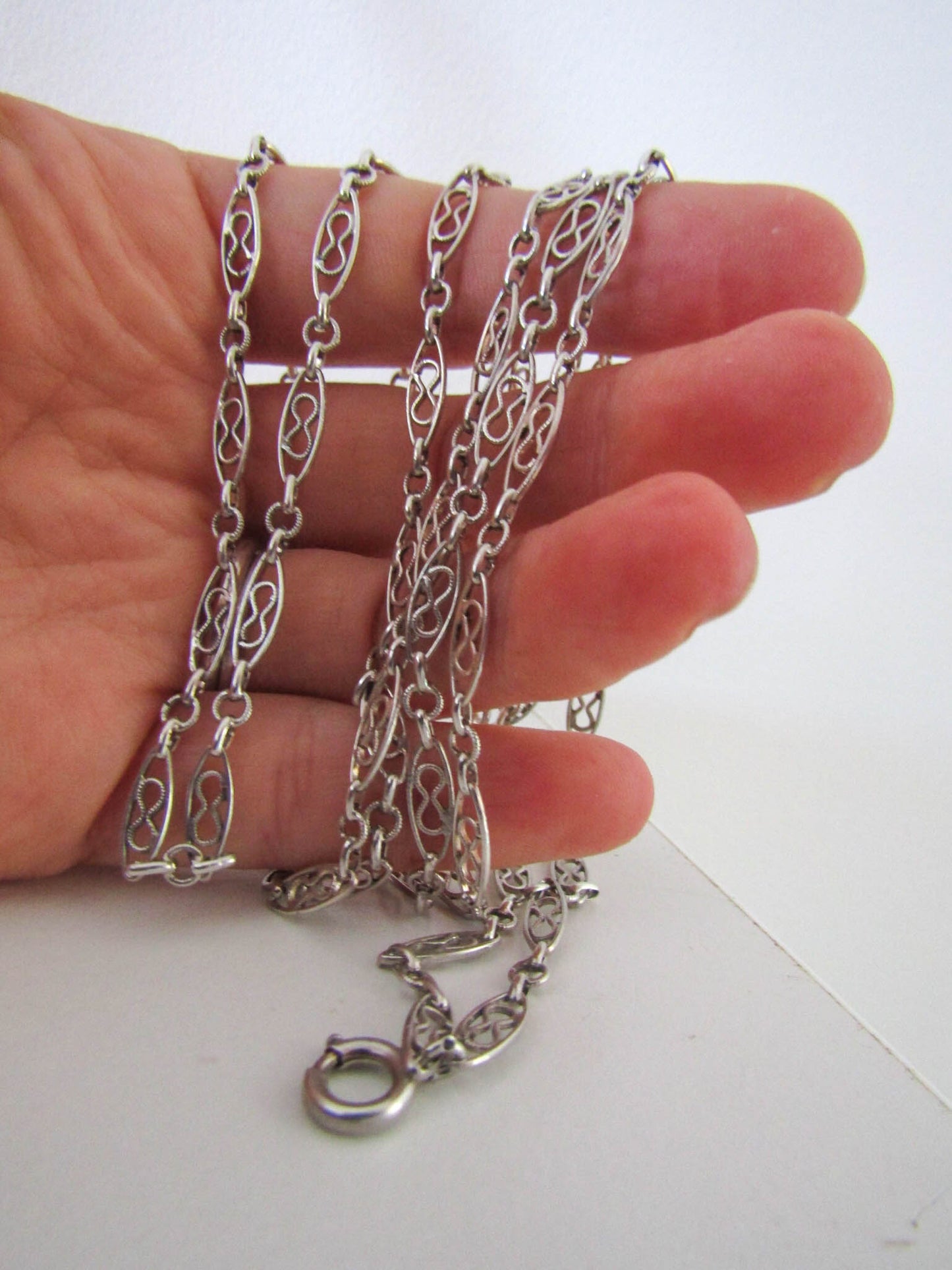 52" Antique Silver Long Guard Chain, French Chatelaine Chain with Hanging Bolt Ring