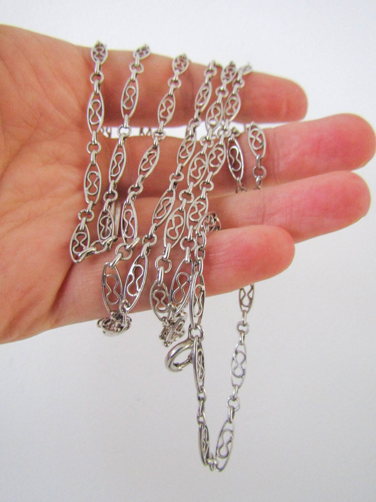 52" Antique Silver Long Guard Chain, French Chatelaine Chain with Hanging Bolt Ring