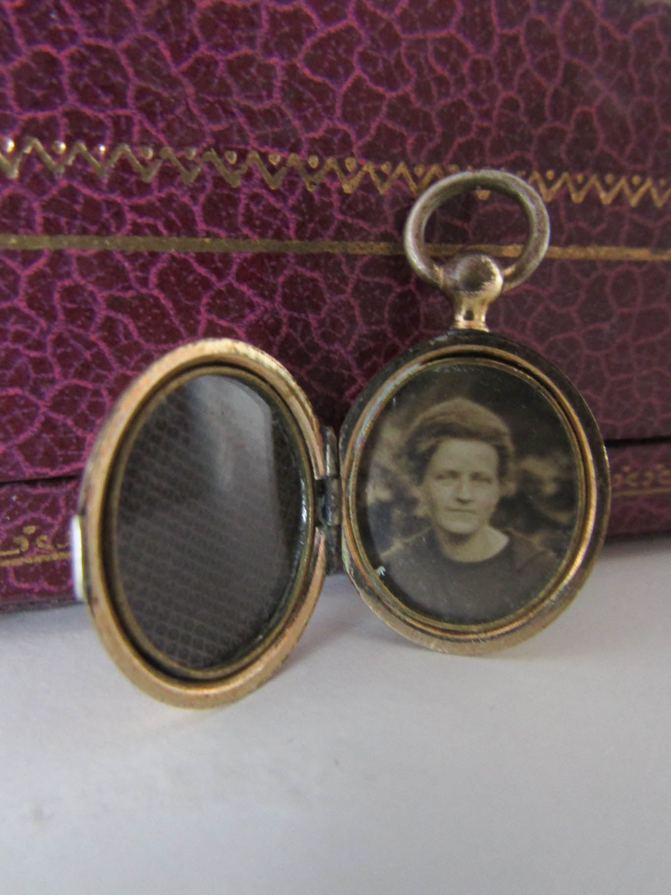 Antique Guilloche Gold Gilt Locket with interior glass frames, Small French Photo Locket