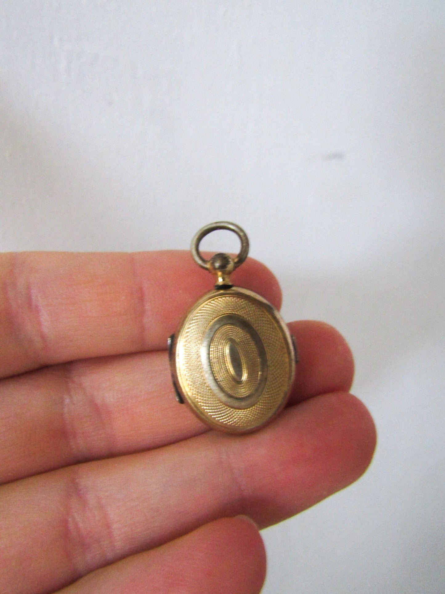 Antique Guilloche Gold Gilt Locket with interior glass frames, Small French Photo Locket