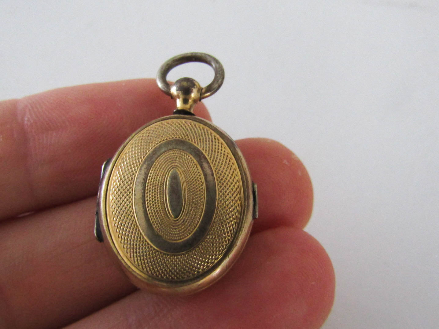 Antique Guilloche Gold Gilt Locket with interior glass frames, Small French Photo Locket