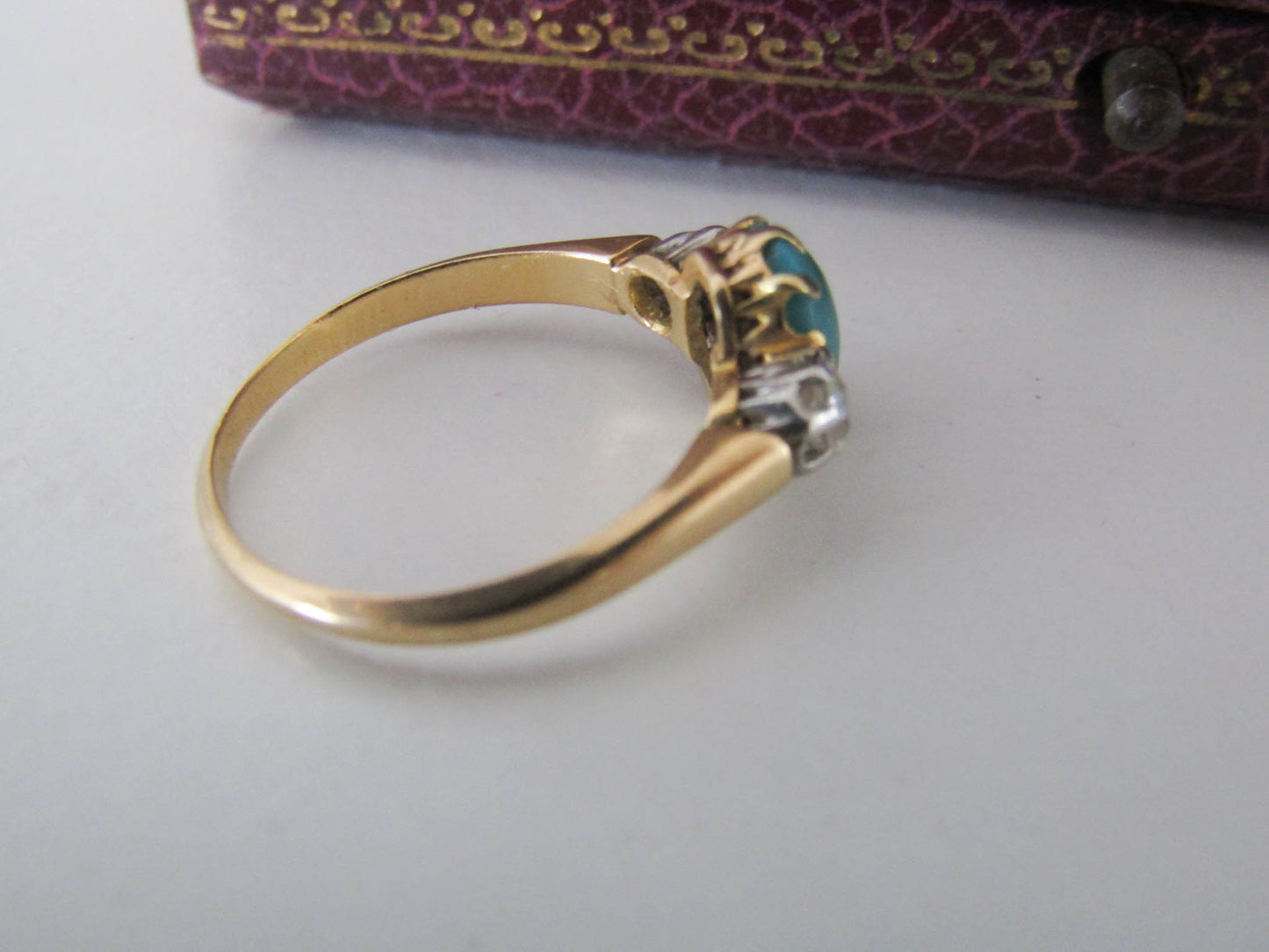 Edwardian 18k Gold Diamond and Turquoise Ring, French Edwardian Ring