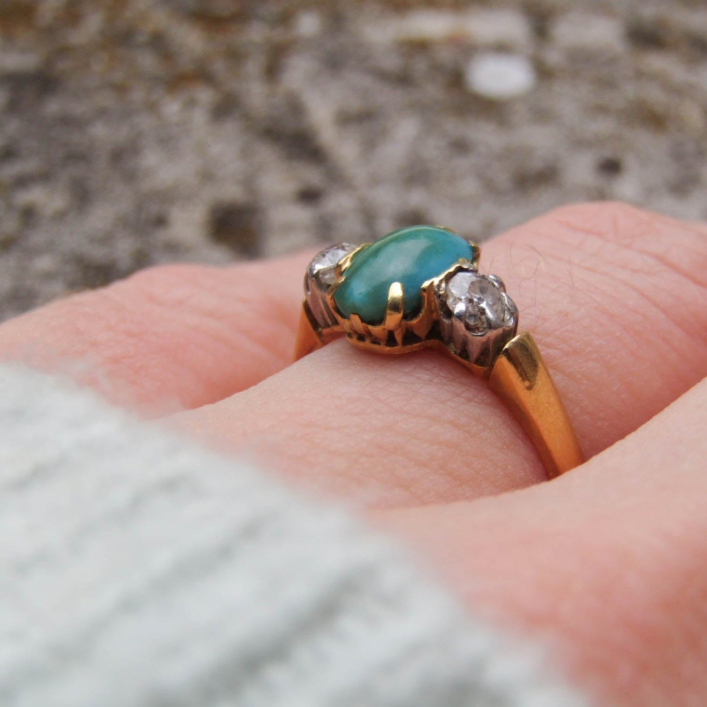 Edwardian 18k Gold Diamond and Turquoise Ring, French Edwardian Ring