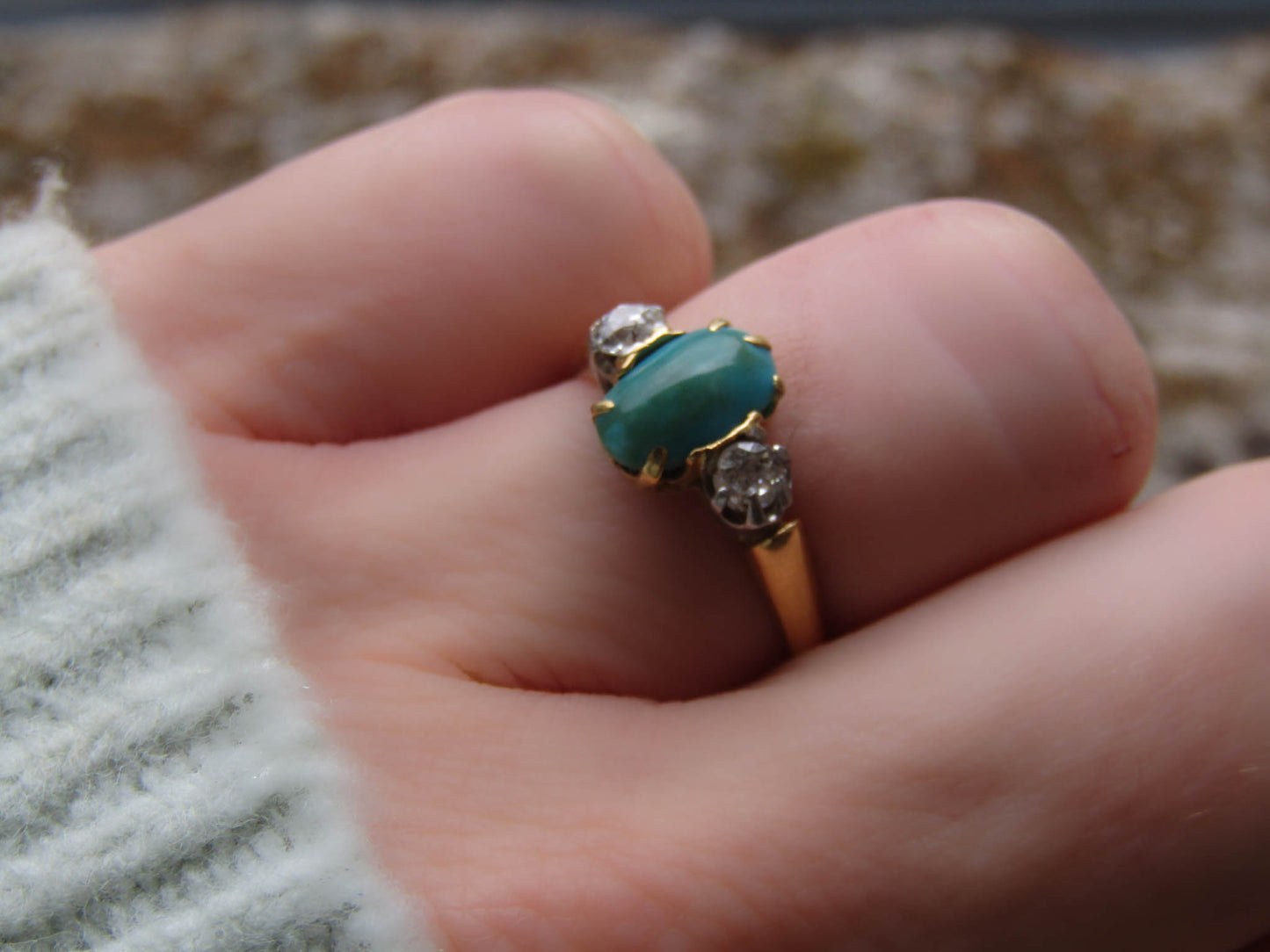 Edwardian 18k Gold Diamond and Turquoise Ring, French Edwardian Ring