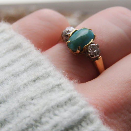 Edwardian 18k Gold Diamond and Turquoise Ring, French Edwardian Ring