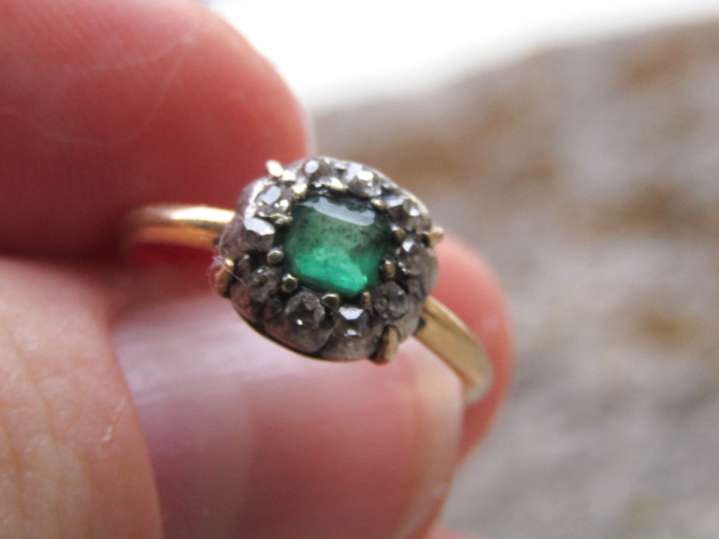 Antique Emerald and Diamond 18k Gold French Ring, XIX century table cut Emerald cluster ring Napoleon III