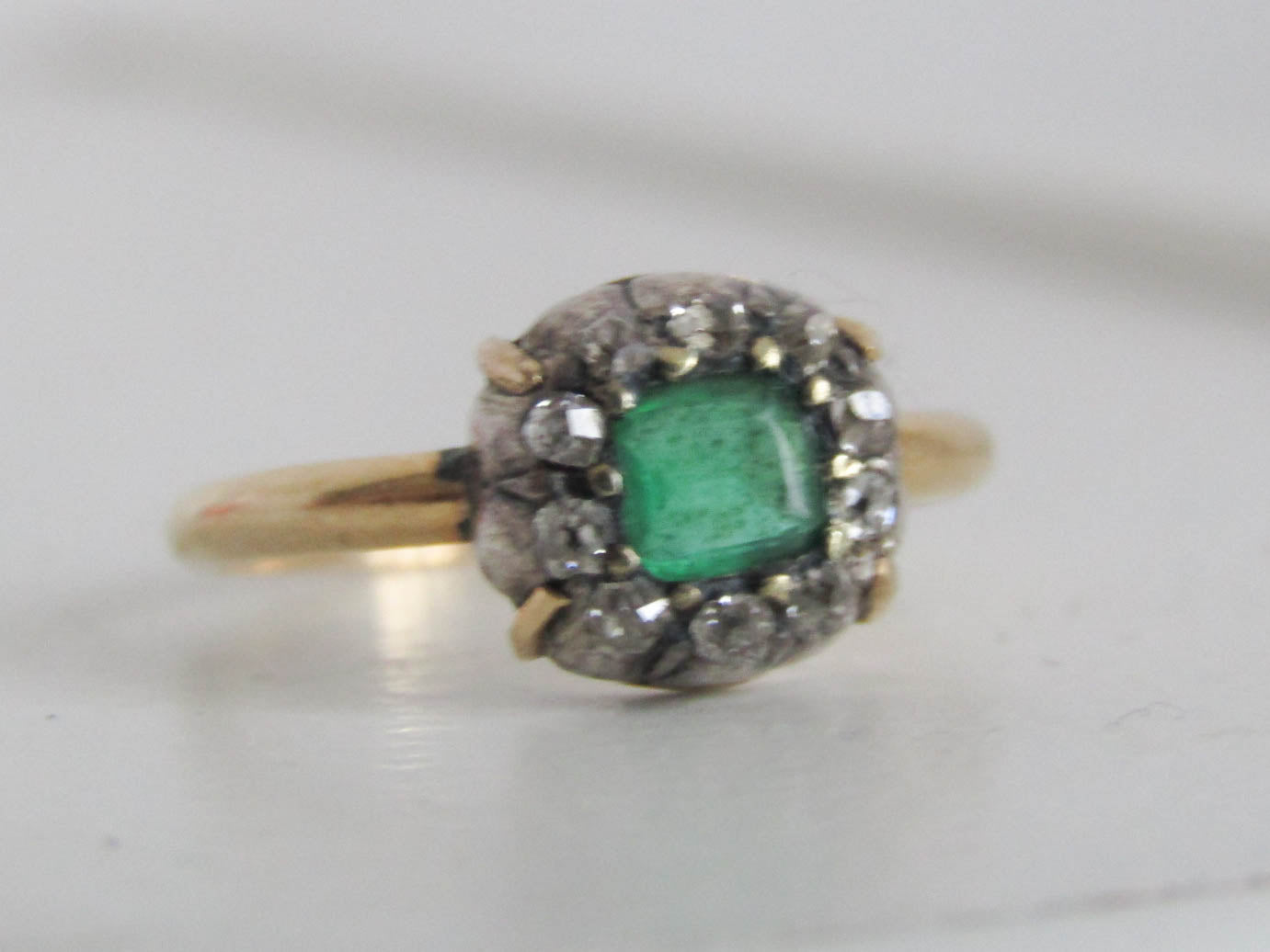 Antique Emerald and Diamond 18k Gold French Ring, XIX century table cut Emerald cluster ring Napoleon III