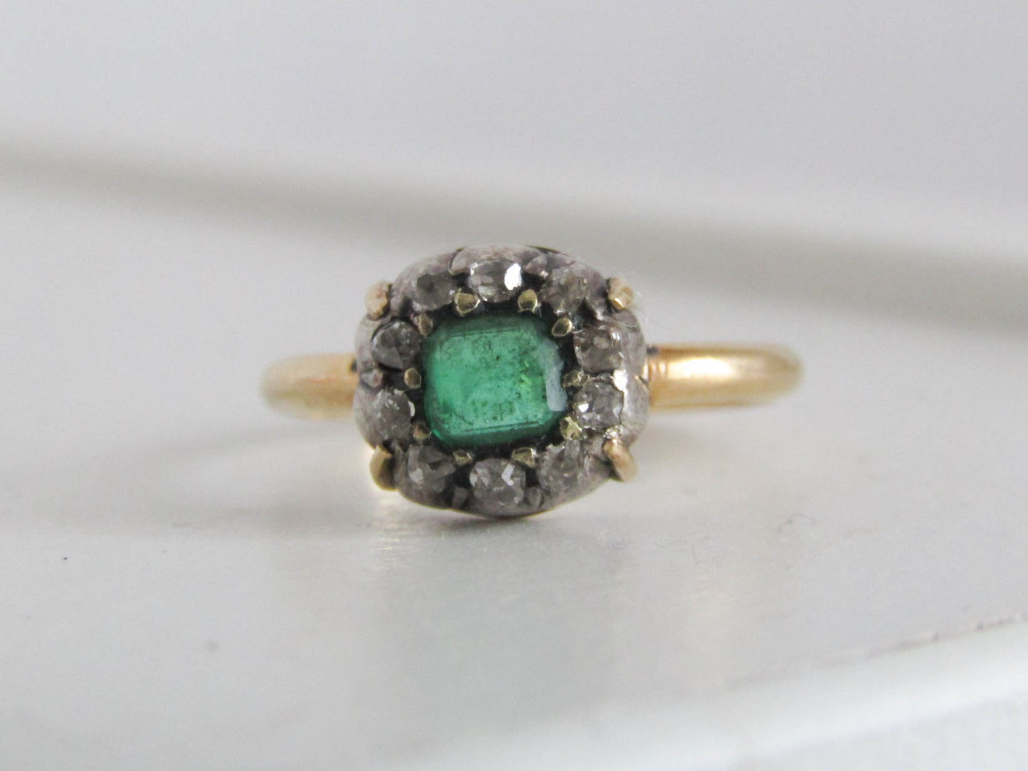 Antique Emerald and Diamond 18k Gold French Ring, XIX century table cut Emerald cluster ring Napoleon III