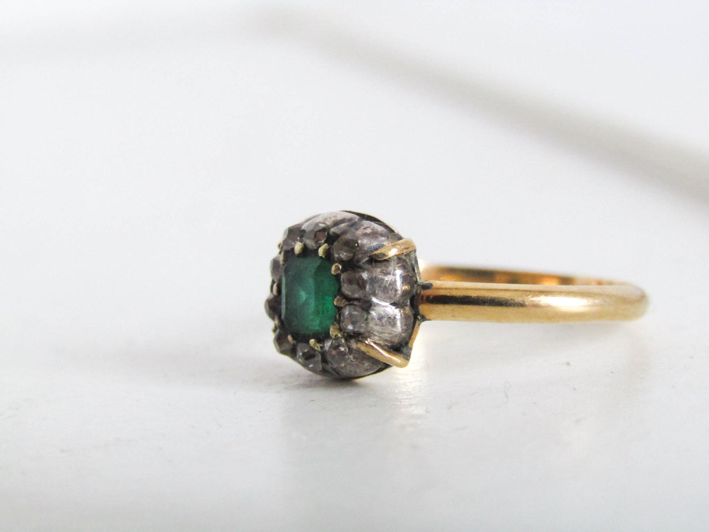 Antique Emerald and Diamond 18k Gold French Ring, XIX century table cut Emerald cluster ring Napoleon III