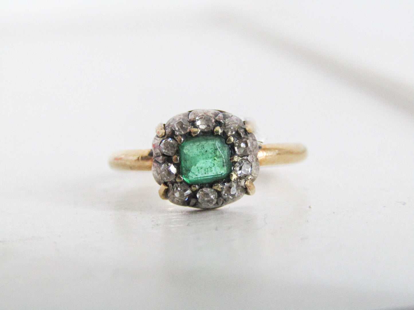 Antique Emerald and Diamond 18k Gold French Ring, XIX century table cut Emerald cluster ring Napoleon III