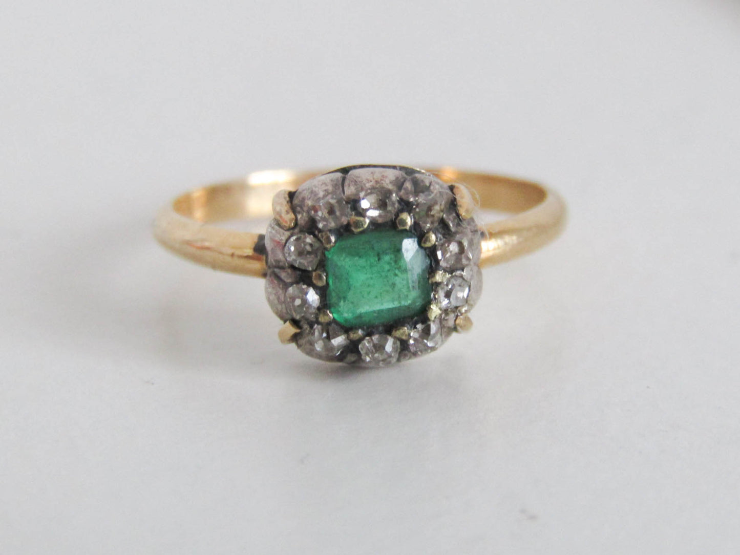 Antique Emerald and Diamond 18k Gold French Ring, XIX century table cut Emerald cluster ring Napoleon III