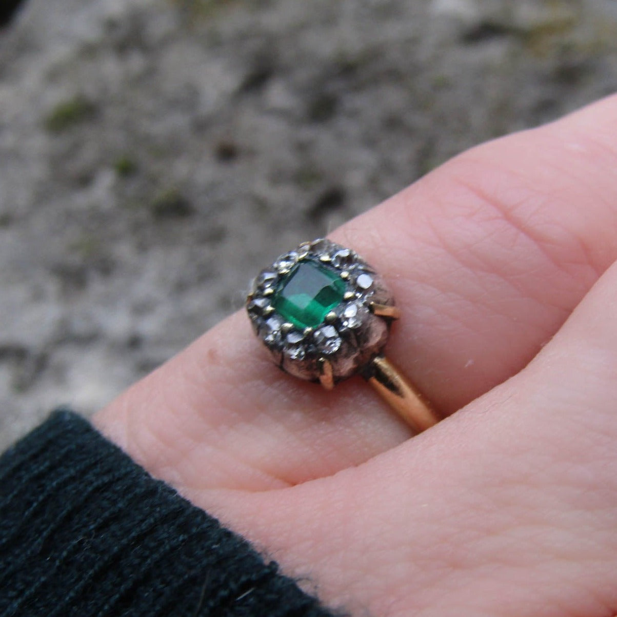 Antique Emerald and Diamond 18k Gold French Ring, XIX century table cut Emerald cluster ring Napoleon III