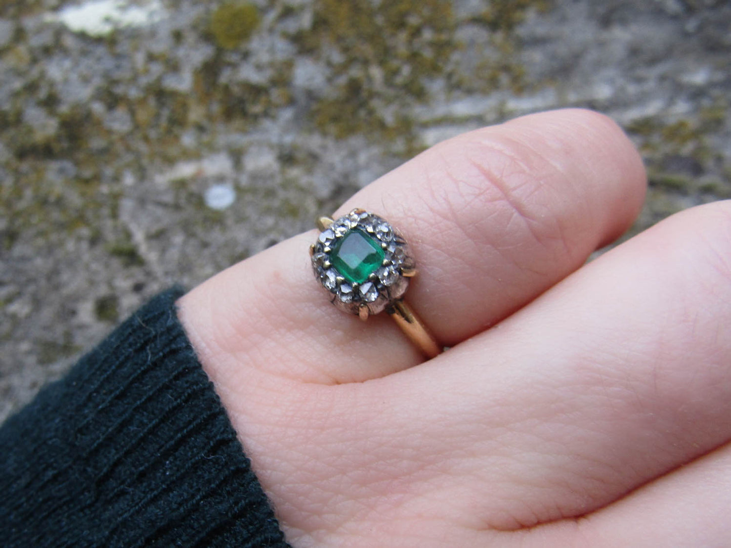 Antique Emerald and Diamond 18k Gold French Ring, XIX century table cut Emerald cluster ring Napoleon III