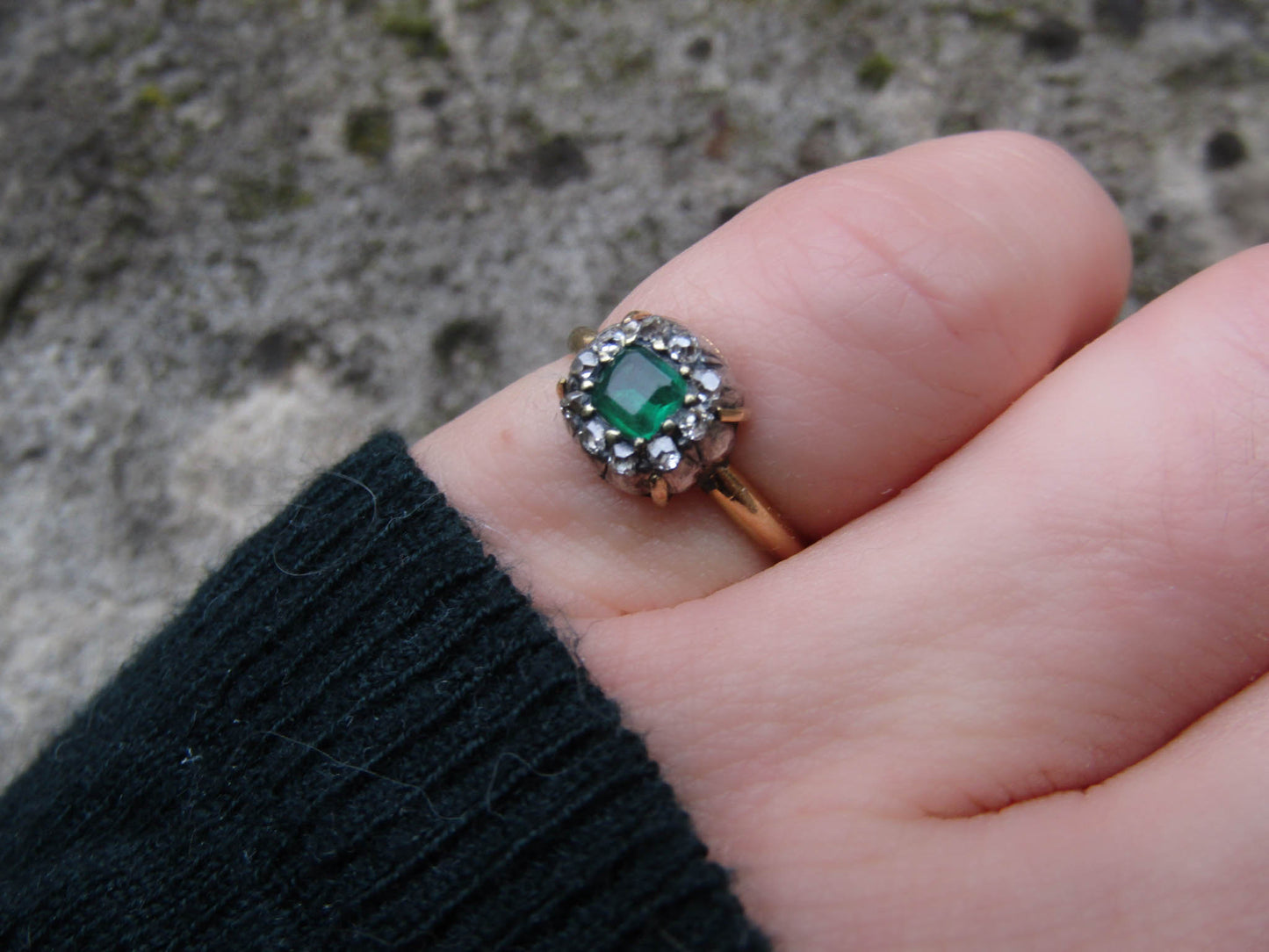 Antique Emerald and Diamond 18k Gold French Ring, XIX century table cut Emerald cluster ring Napoleon III