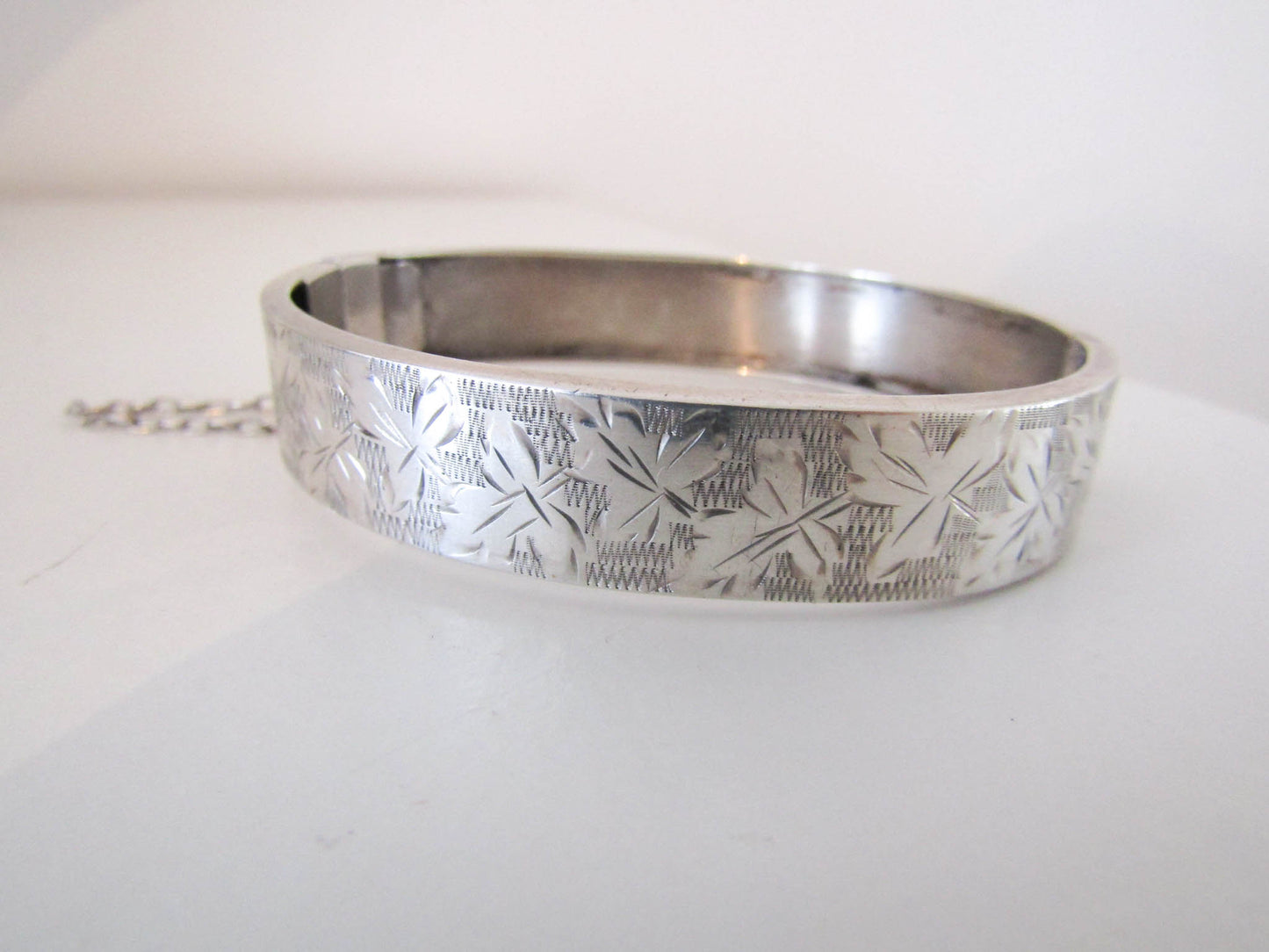 Victorian Silver Bangle with Box Clasp and Security Chain, French Antique Bangle Bracelet