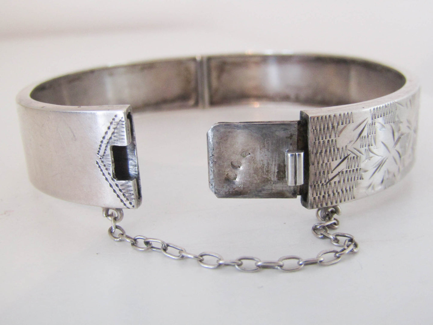 Victorian Silver Bangle with Box Clasp and Security Chain, French Antique Bangle Bracelet