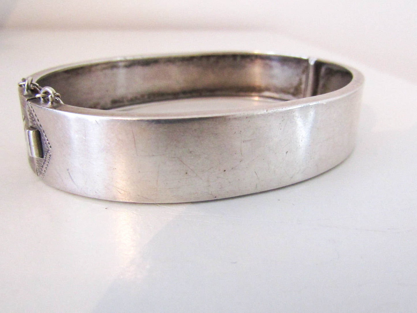 Victorian Silver Bangle with Box Clasp and Security Chain, French Antique Bangle Bracelet