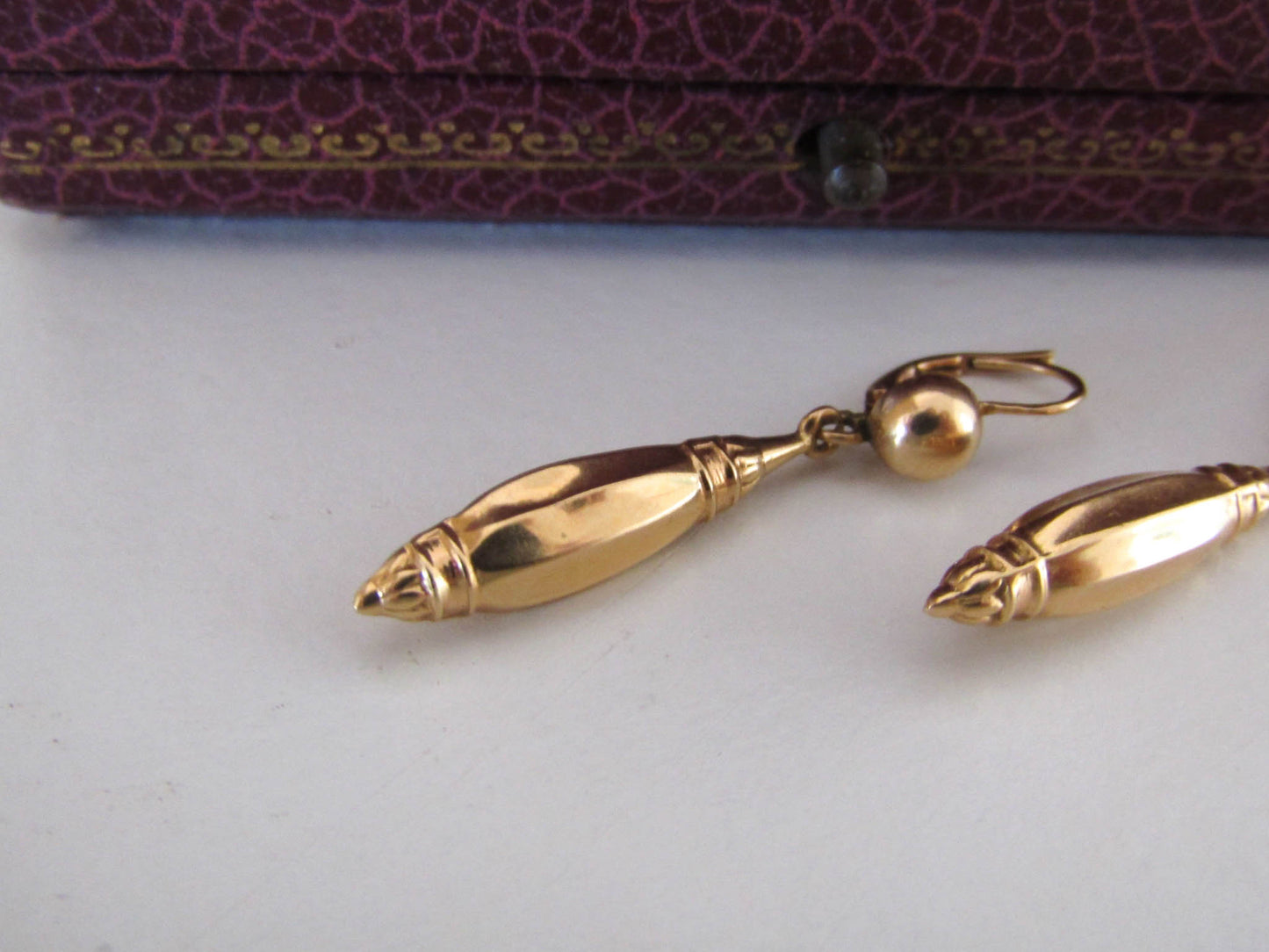 18K Gold Victorian Torpedo Earrings, Antique French Provincial Earrings, Victorian Dangle Earrings, XIX century Jewelry