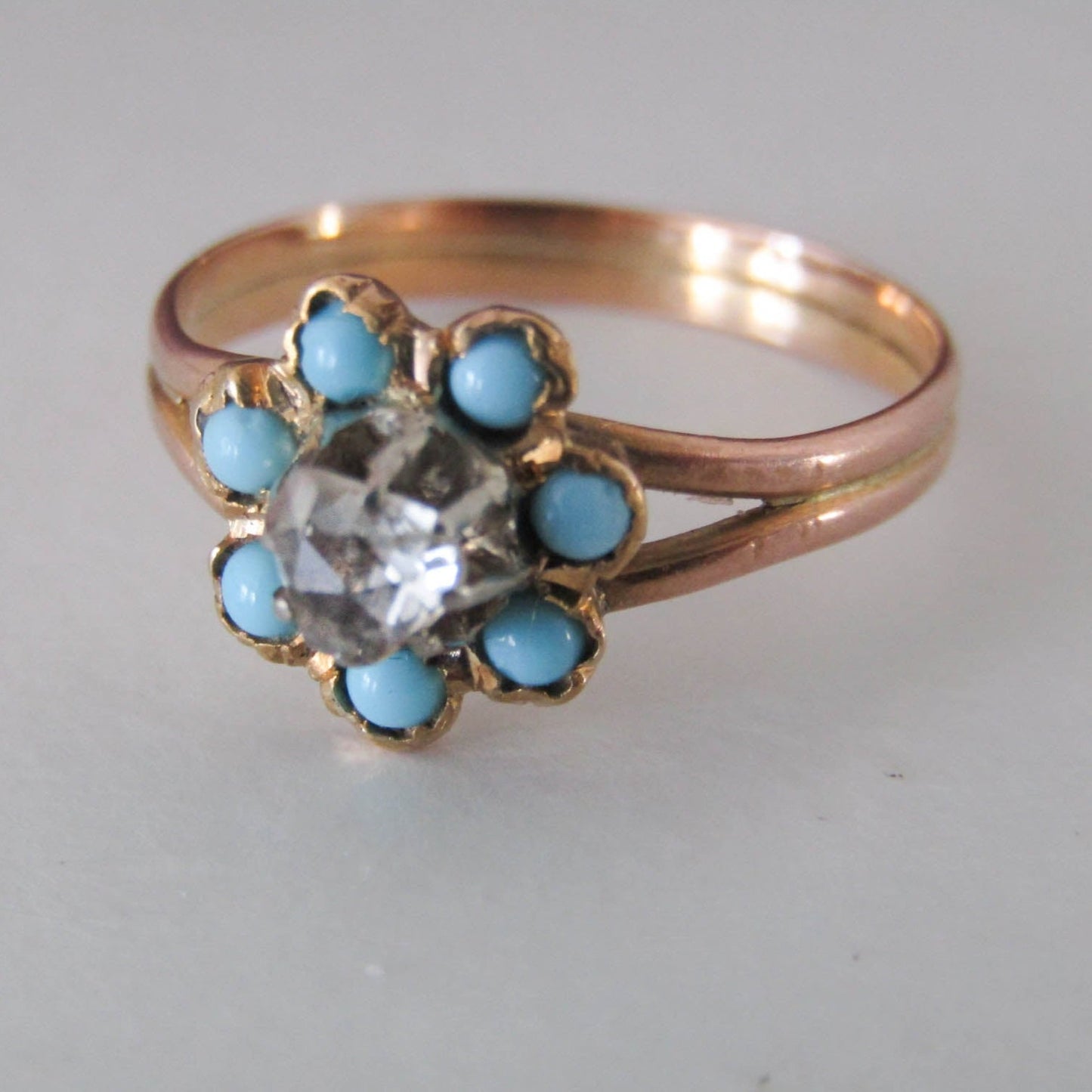 Victorian Heart Rose Cut Diamond and Turquoise 18k Ring, Antique French 1800s Floral Engagement Ring, Turquoise and Diamond Halo Ring