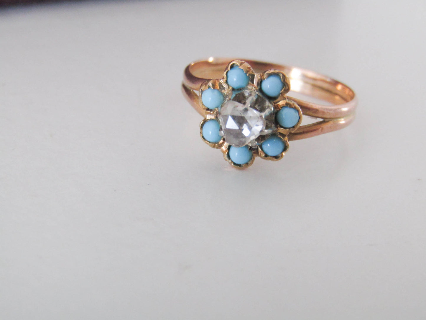 Victorian Heart Rose Cut Diamond and Turquoise 18k Ring, Antique French 1800s Floral Engagement Ring, Turquoise and Diamond Halo Ring